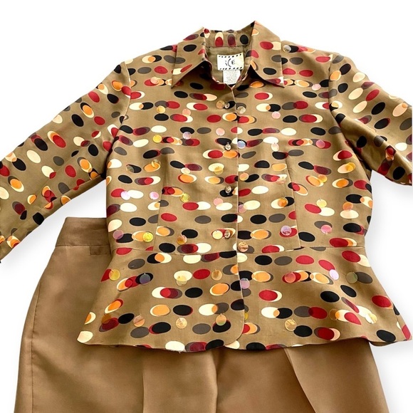 Brown Silk Button-front Blouse and Matching Pants Suit Set Size 4 Retro Vintage - Picture 1 of 15